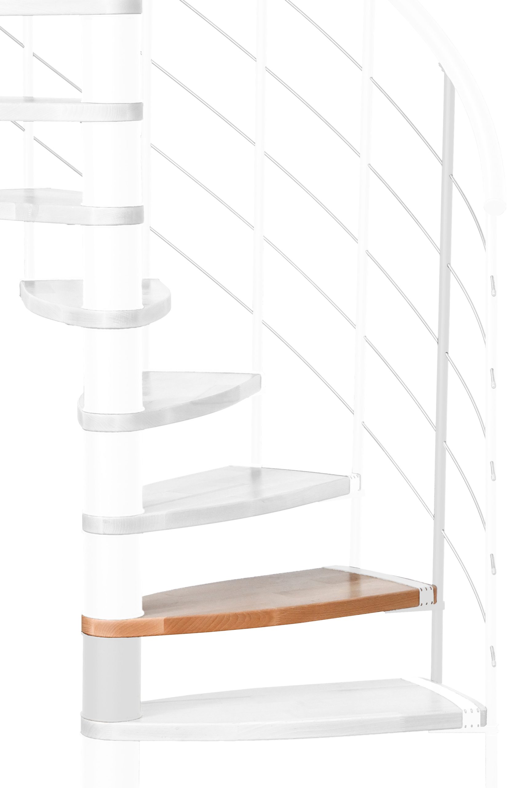 Height extension for the Helios spiral staircase with steps in beech and white metal. A detail of the additional step and the balusters is shown.