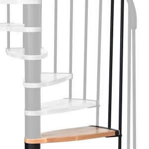 Height extension for the Luna spiral staircase with steps in beech and black metal. A detail of the additional step and the balusters is shown.