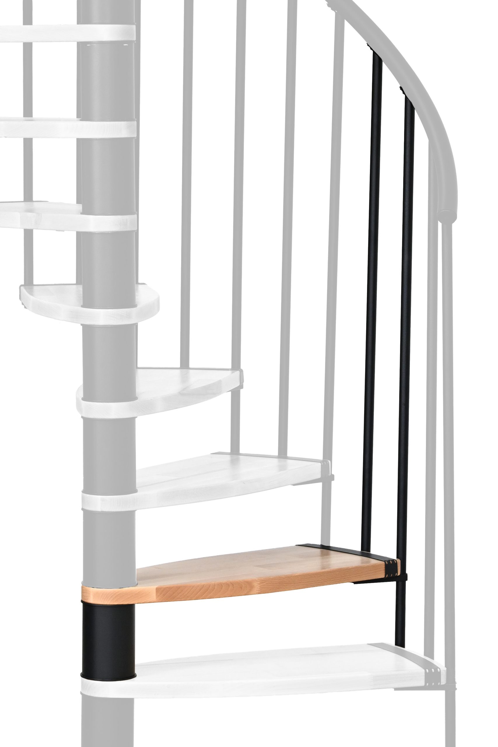Height extension for the Luna spiral staircase with steps in beech and black metal. A detail of the additional step and the balusters is shown.