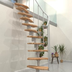 Monte Carlo central stringer staircase with beech steps and a white metal railing with horizontal bars and a PVC handrail.
