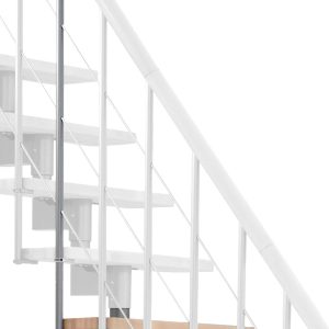 Height extension for the Style and Style Turn stairs with beech steps and gray metal. Shown is a detail of the additional step, the railing bars, and the handrail.