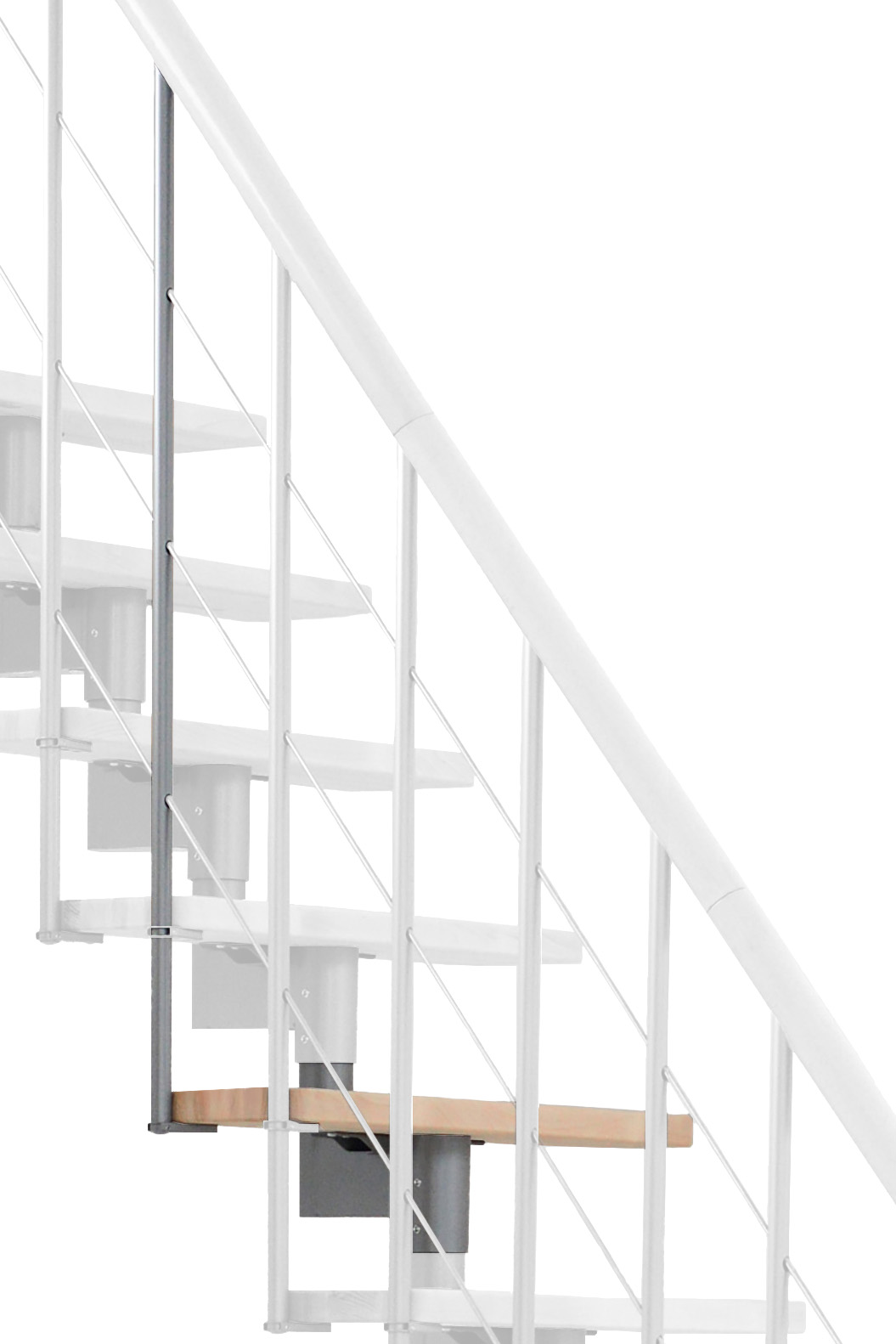 Height extension for the Style and Style Turn stairs with beech steps and gray metal. Shown is a detail of the additional step, the railing bars, and the handrail.