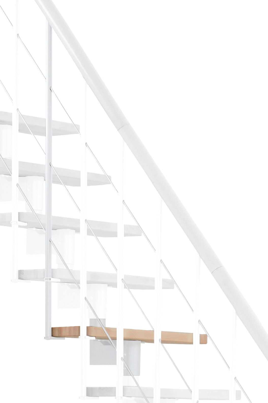 Height extension for the Style and Style Turn stairs with beech steps and white metal. Shown is a detail of the additional step, the railing bars, and the handrail.