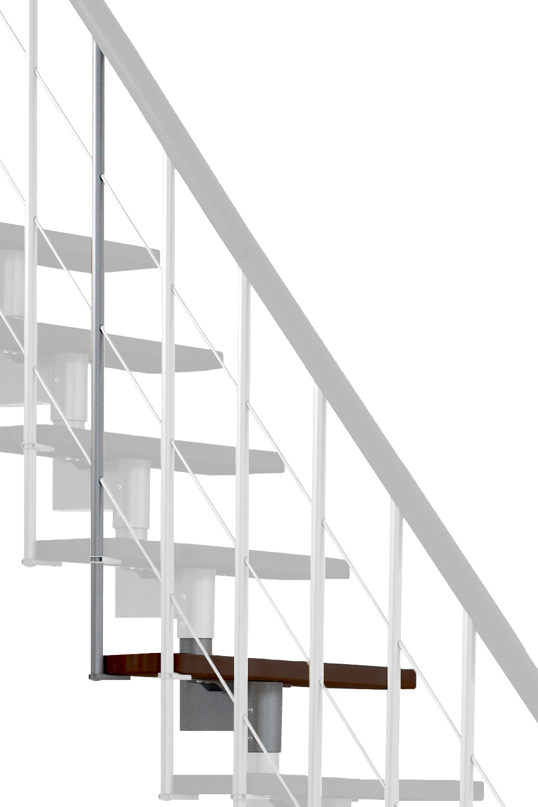 Height extension for the Style and Style Turn stairs with walnut steps and gray metal. Shown is a detail of the additional step, the railing bars, and the handrail.