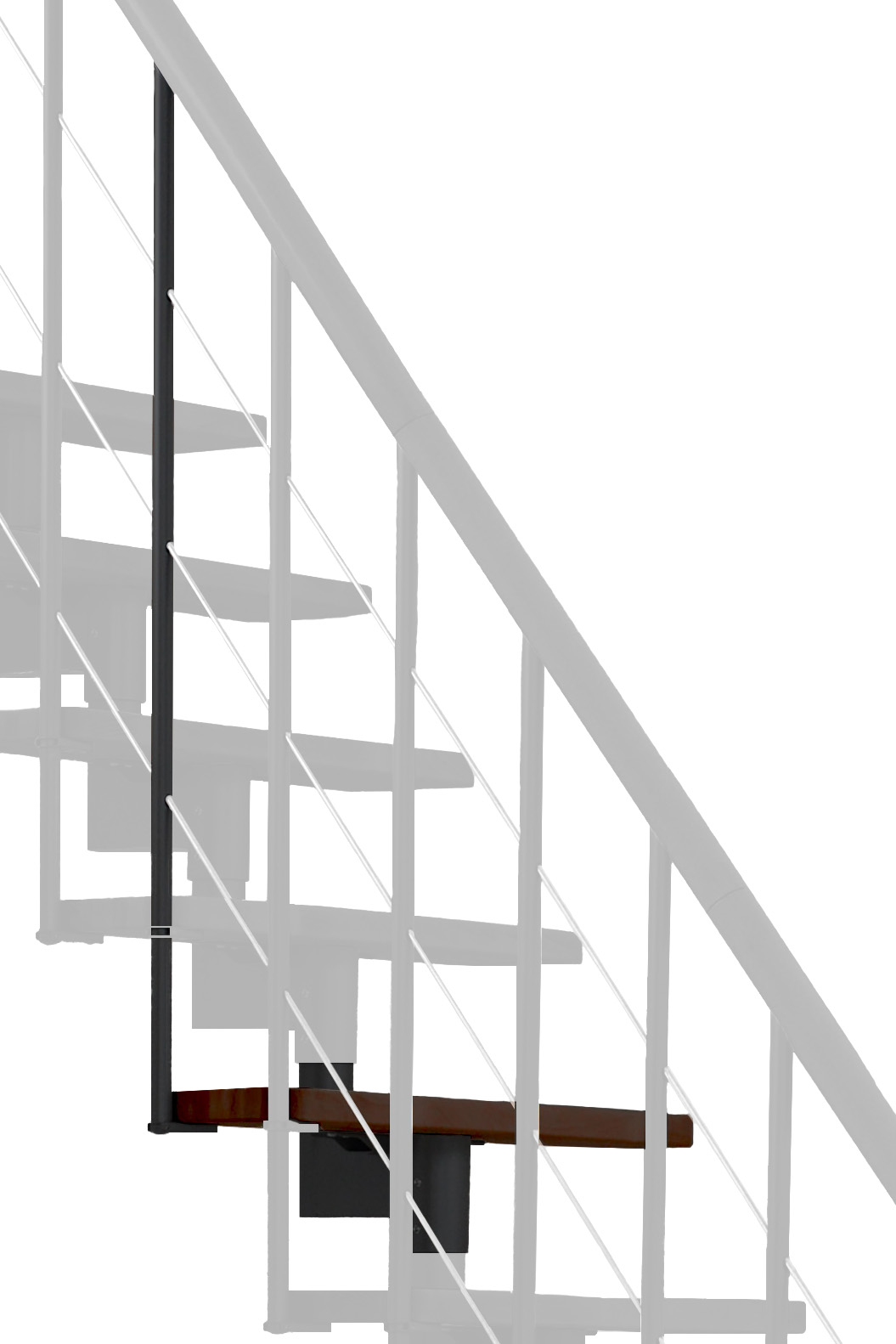 Height extension for the Style and Style Turn stairs with walnut steps and black metal. Shown is a detail of the additional step, the railing bars, and the handrail.
