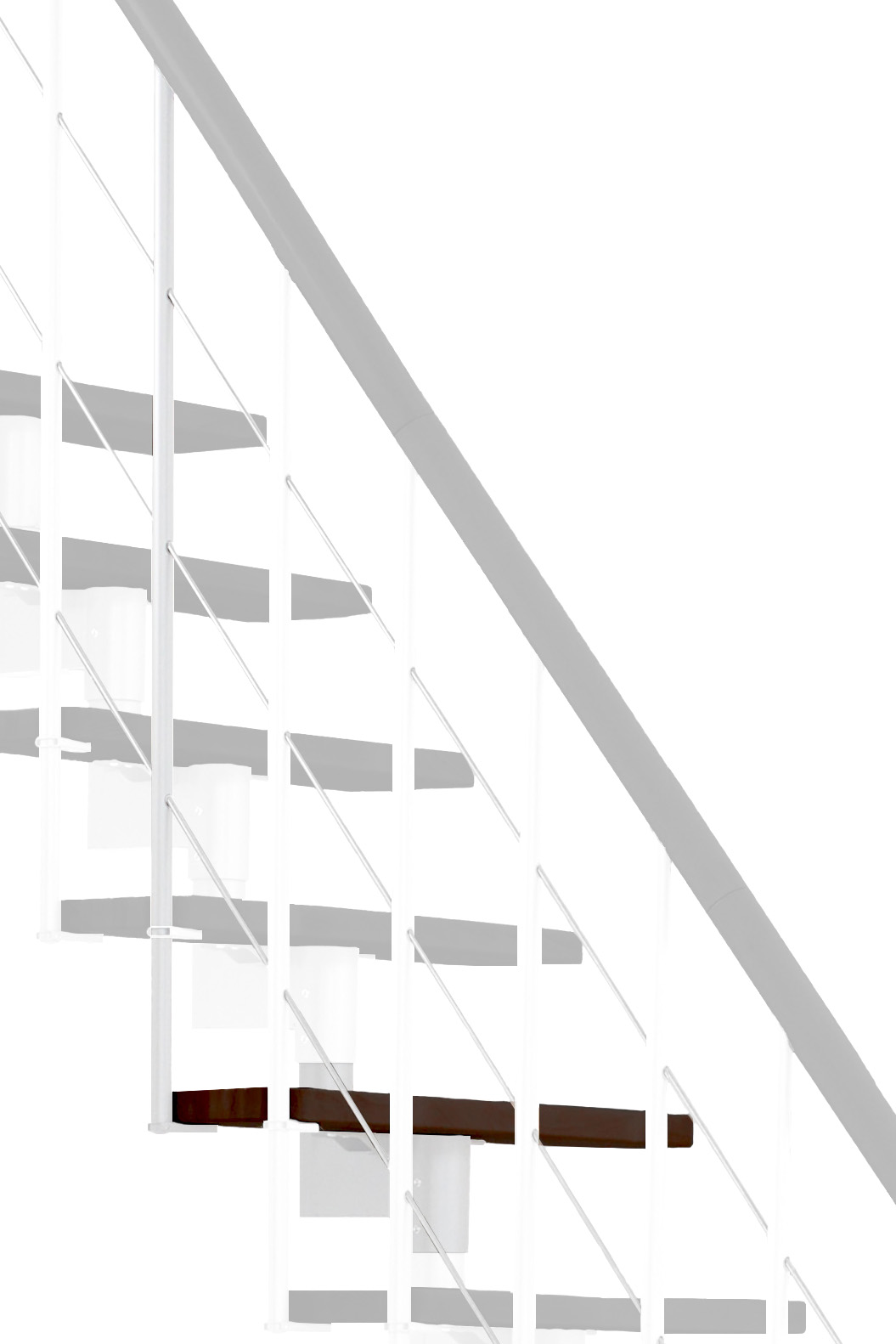 Height extension for the Style and Style Turn stairs with walnut steps and white metal. Shown is a detail of the additional step, the railing bars, and the handrail.