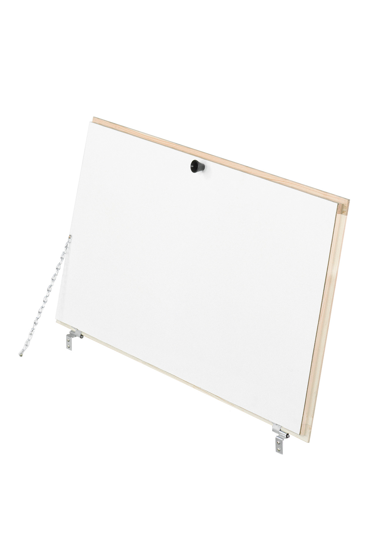 Opened ISO upper cover without hatch cladding for attic ladder Type 15 Exklusiv, side view. The cover features a white panel with surrounding wooden frame and is secured with a side-mounted chain support.