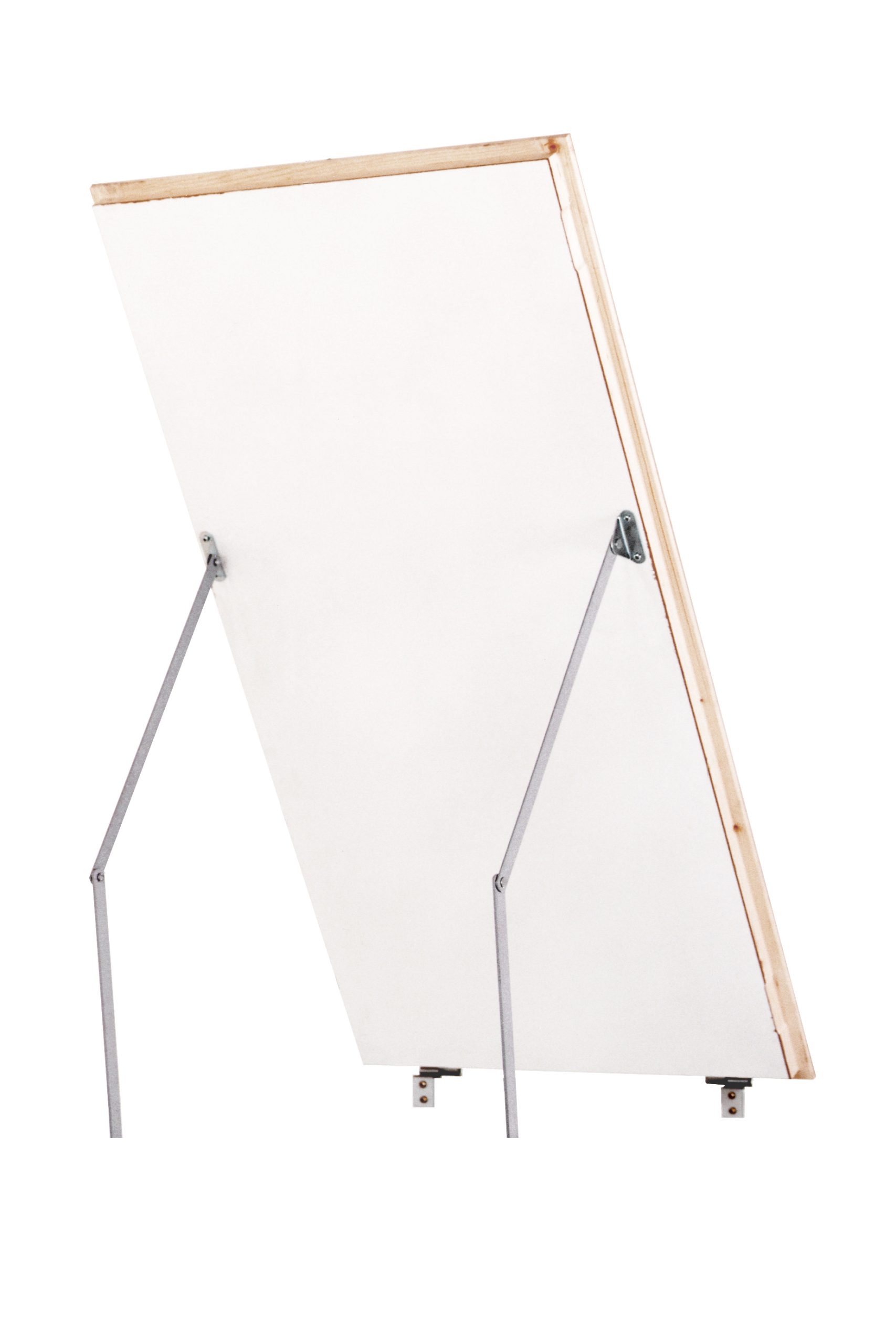 Opened ISO upper cover without hatch cladding for attic ladder Type 15 Exklusiv. The white lid is framed with wood and supported by two sturdy metal struts.