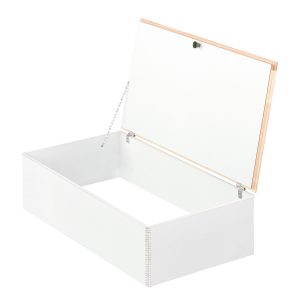 Opened upper cover for Euro Star attic staircase, in white with surrounding wooden frame and side chain holder for secure flap fixation.