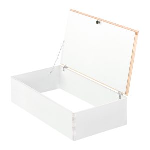 Opened upper cover for the Euro Trend attic staircase, in white with a wooden frame and side-mounted chain holder for secure lid positioning.