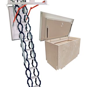 Flat roof staircase with scissor-ladder system and red lever mechanism, shown together with a separate flat roof cover including a wooden and metal hatch box. Designed for flat roof applications, offering secure access and insulated closure.
