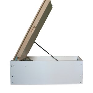 Side view of an ISO Top Cover Plus 87 with a hatch frame. The white insulated cover is partially open, supported by a black gas strut, and the frame is rectangular with clean white surfaces and visible mounting screws.