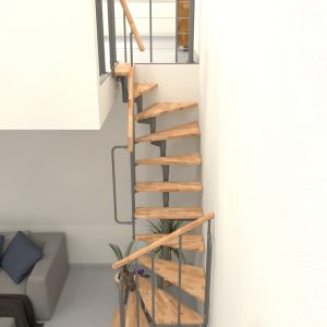 Joker Turn 180° central stringer staircase with beech steps and grey metal railing with horizontal bars and a PVC handrail.