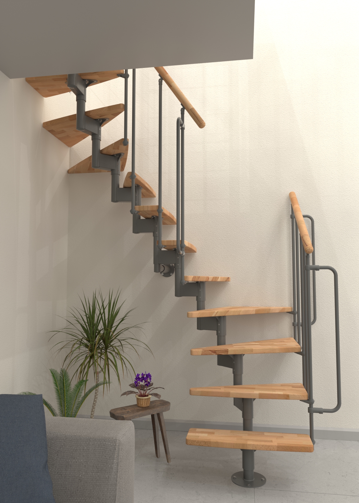 Detailed view of the Joker Turn 180° staircase in beech-grey design. The beechwood steps are mounted on a grey metal structure, and the wooden handrail provides additional support. The staircase offers a space-saving solution with a 180° turn.