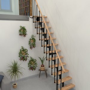 Straight central stringer staircase with beech steps and a black metal frame.
