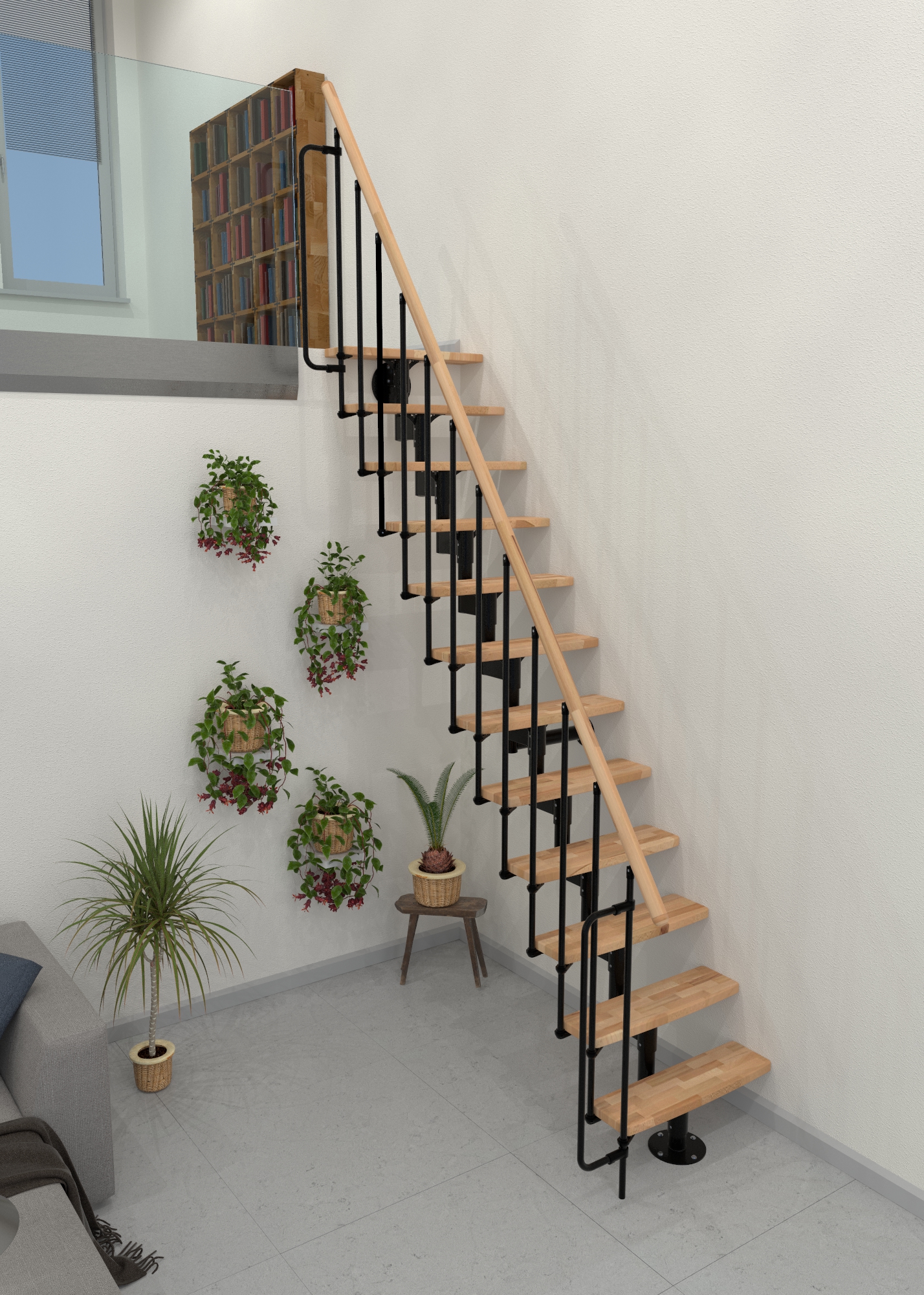 Straight central stringer staircase with beech steps and a black metal frame.