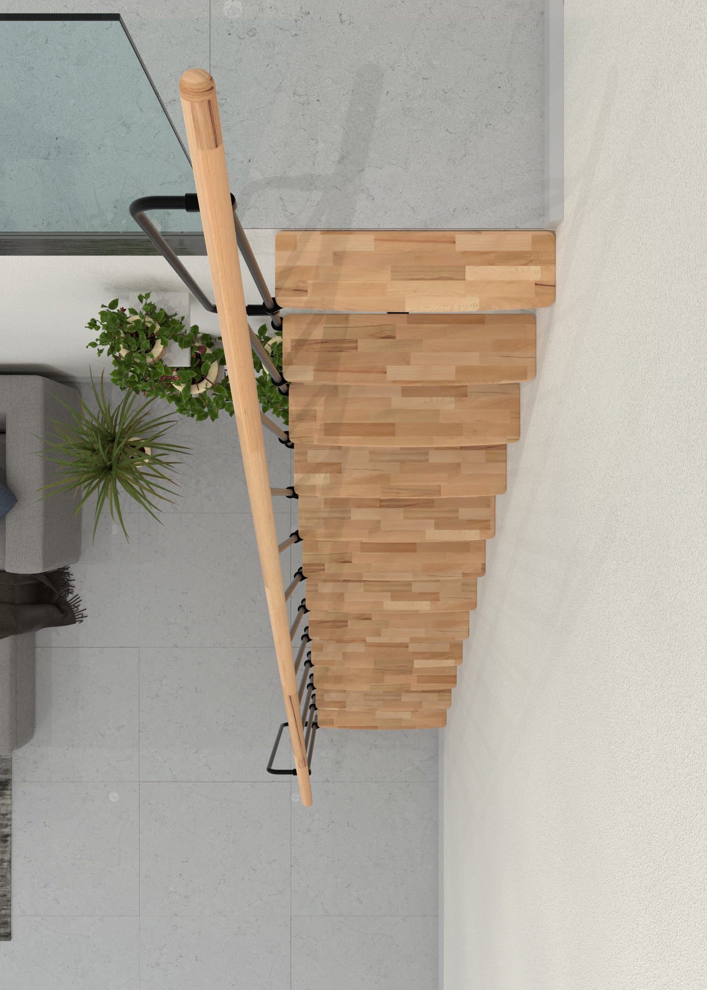 Top view of the Joker staircase: straight central stringer staircase with beech steps and a black metal frame.