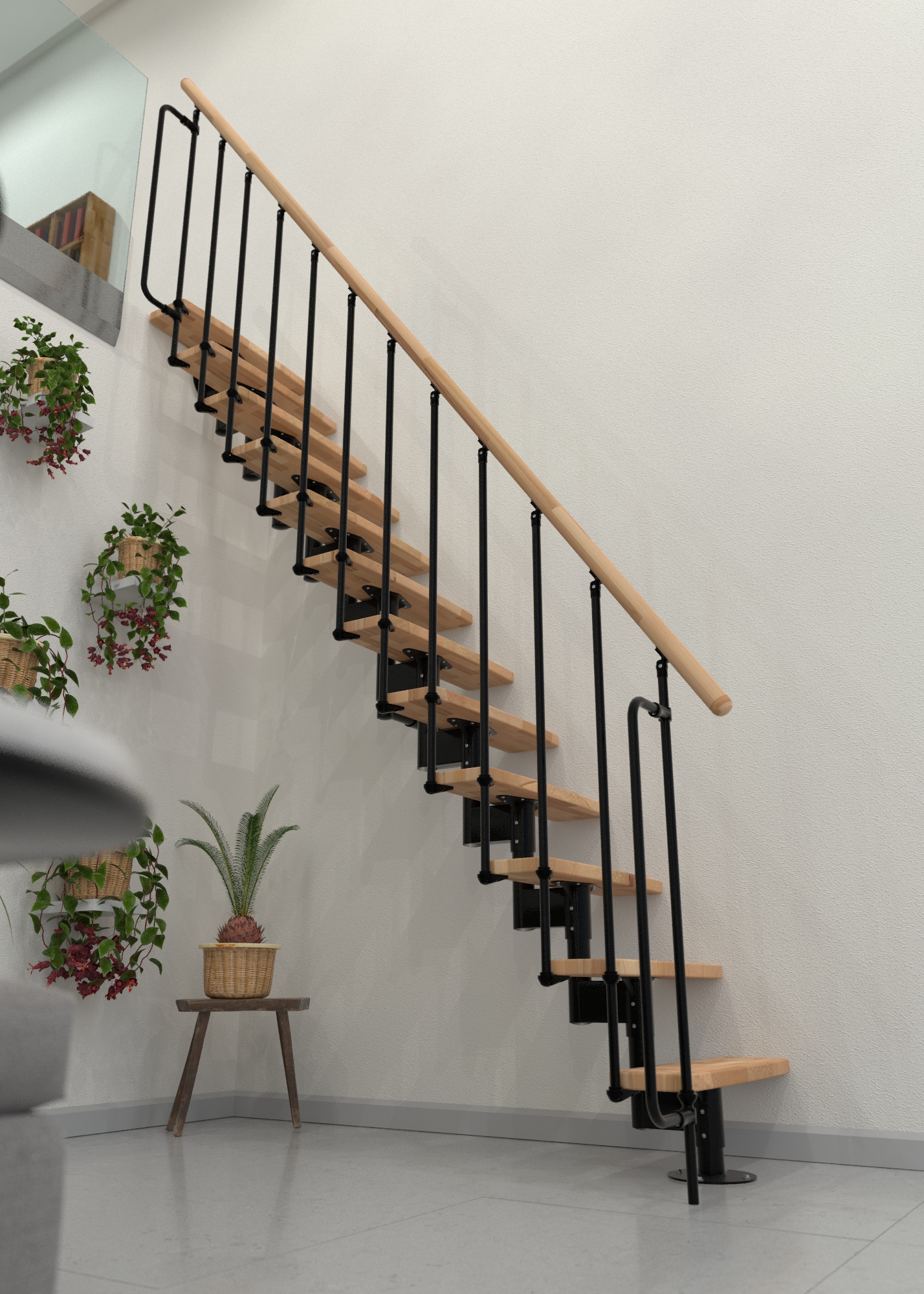 View from below: straight central stringer staircase with beech steps and a black metal frame.