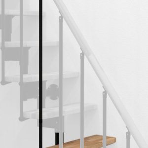 Height extension for the Joker staircase with beech steps and black metal. Shown is a detail of the additional step, the railing bars, and the handrail.