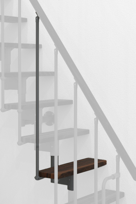 Height extension for the Joker staircase with walnut steps and grey metal. Shown is a detail of the additional step, the railing bars, and the handrail.