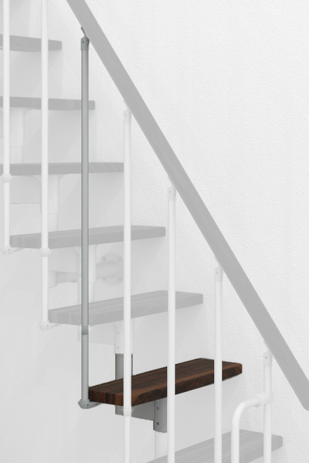 Height extension for the Joker staircase with walnut steps and white metal. Shown is a detail of the additional step, the railing bars, and the handrail.