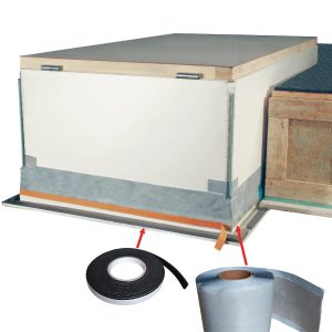 Passive house installation kit “Double” with a flat roof exit hatch, surrounding insulation material, sealing tape (left), and sealing membrane (right), shown with red arrows indicating application points.