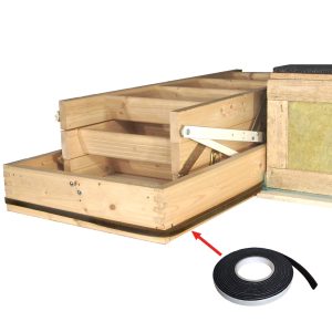 Passive house installation kit “Single” featuring a wooden stair structure and a sealing tape for energy-efficient sealing between ceiling and casing.