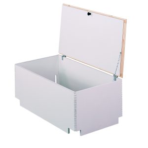 Opened upper cover for attic stairs Type 13 X-Large in white with surrounding wooden frame. Equipped with chain suspension for secure lid positioning and a precisely fitted lower box section with cut-outs.