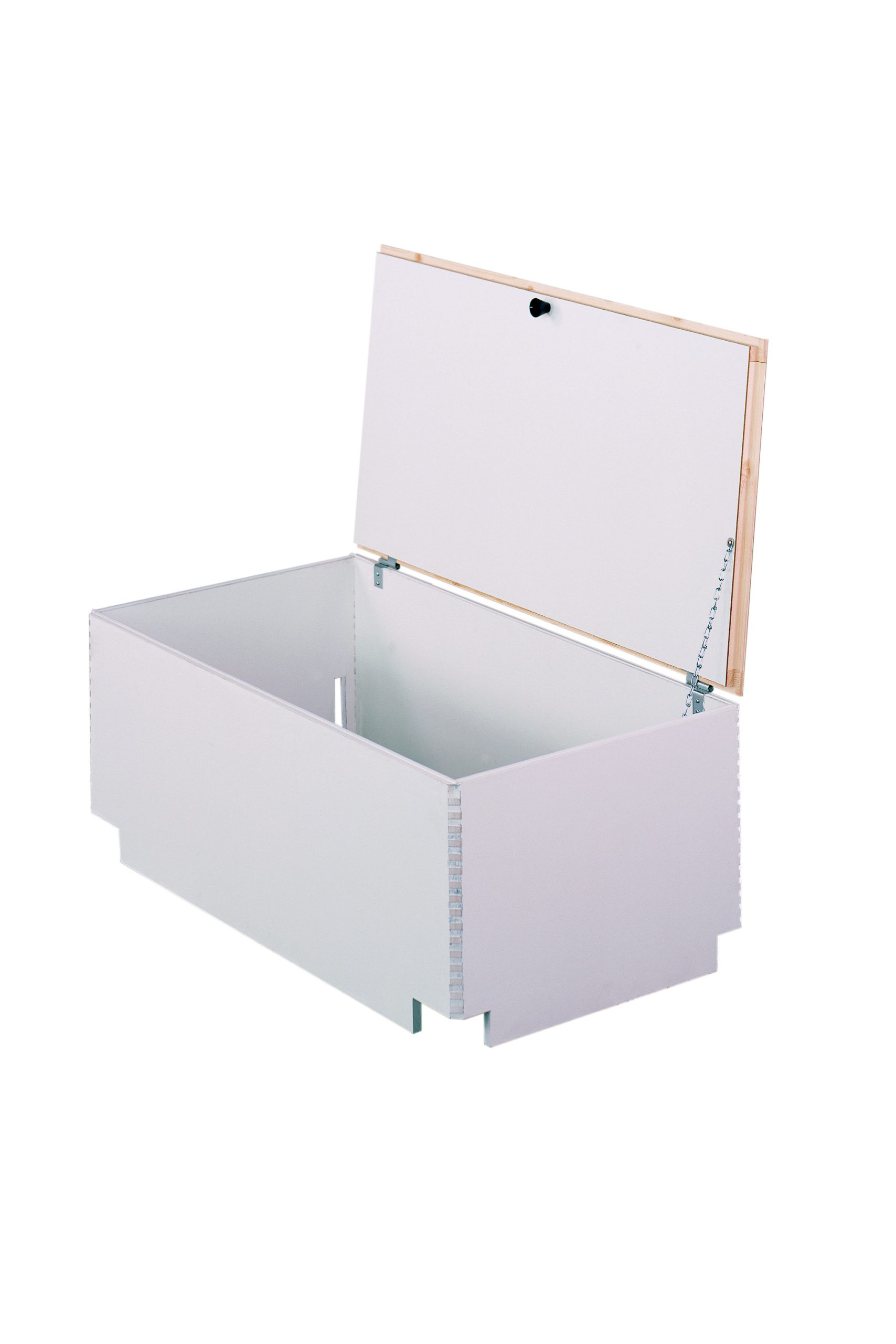 Opened top cover for loft ladder Type 18 Small, in white with surrounding wooden frame and side chain support for secure lid fixation.