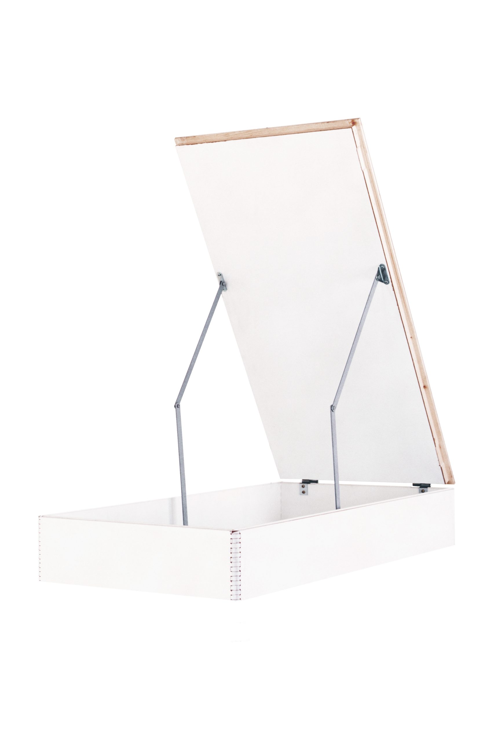 Opened cover lid for Type 18 Univers and Type 18 Prestige, rear view. White finish with wooden frame and two metal supports for secure positioning of the lid flap.