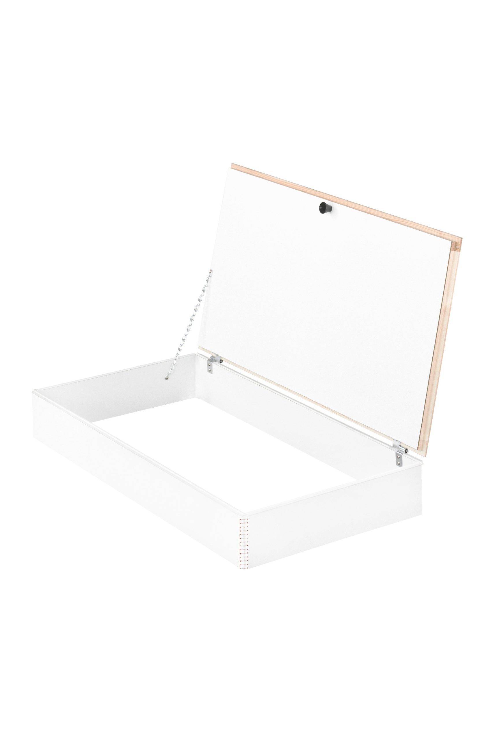 Cover lid for Type 18 Univers and Type 18 Prestige, side view. White finish with wooden frame and chain suspension for secure fixation.