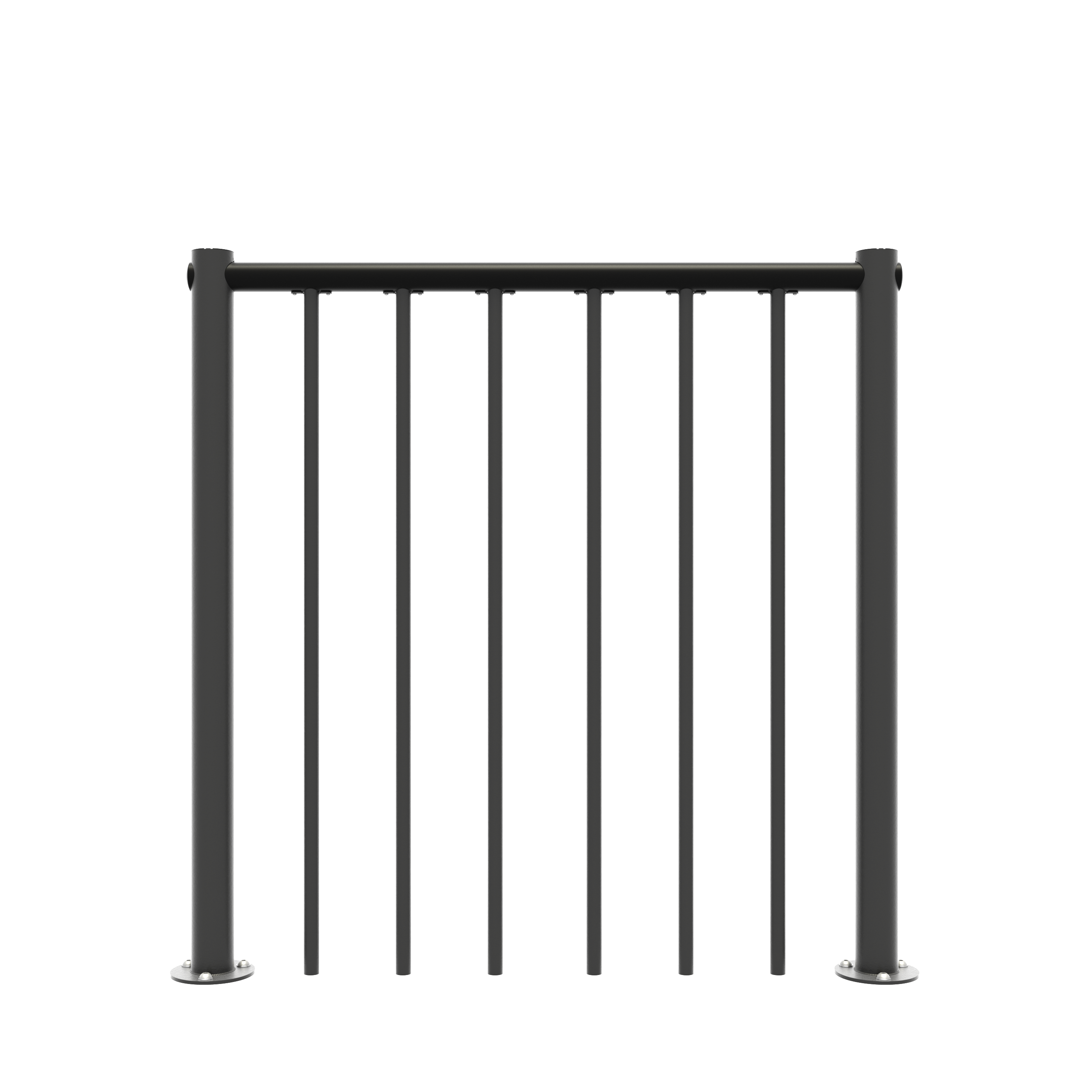 Front view of the balustrade for Rondo Zink Color in anthracite. The railing consists of vertical bars made of galvanized steel and a horizontal handrail made of PVC. Round base plates for floor mounting are also visible.
