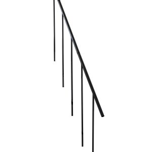 Sloping stair railing in black with simple vertical bars and a continuous handrail. The banister provides a secure hold when climbing stairs.