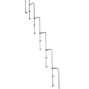 Second railing for the Monaco space-saving staircase. Consists of grey metal posts with a curved top end.