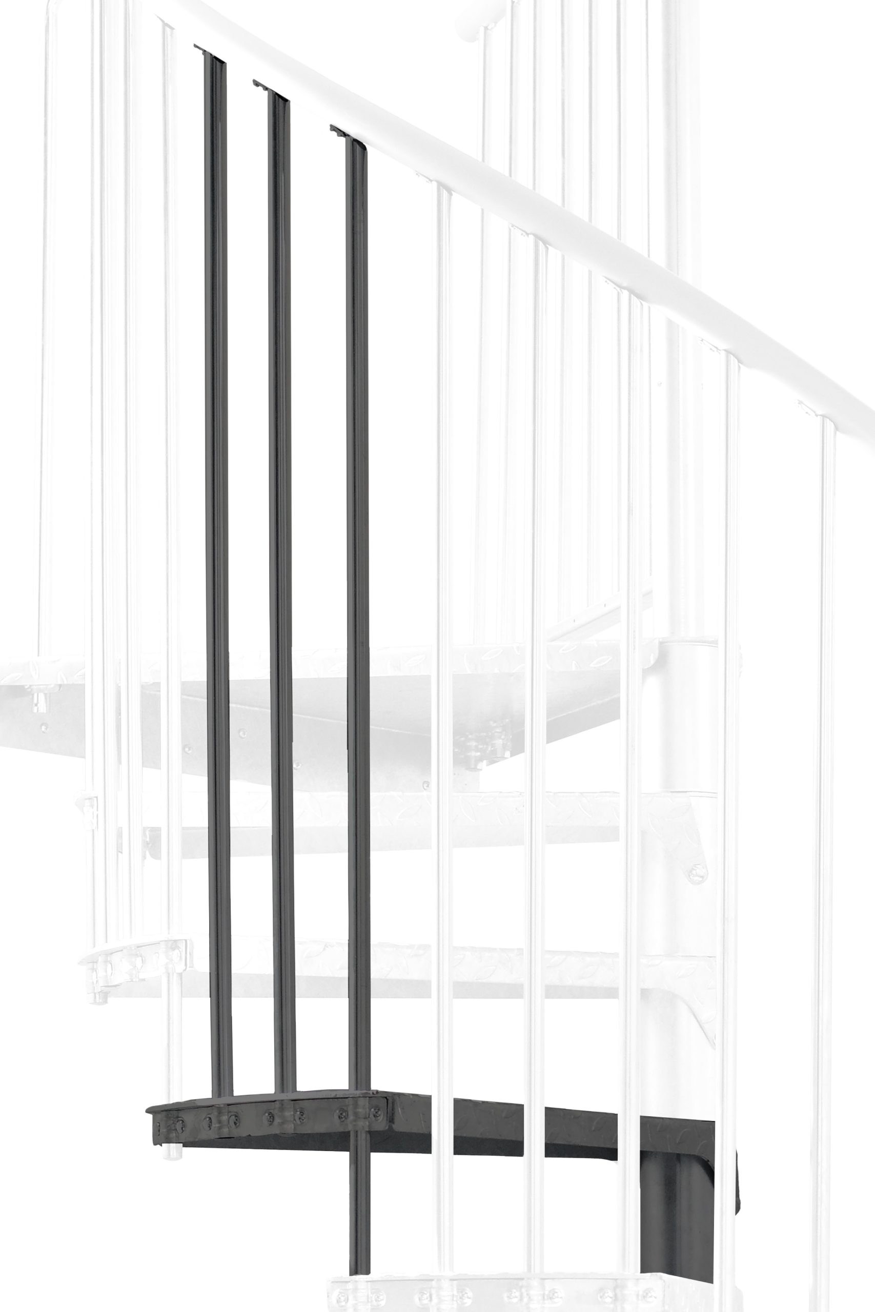 Height extension for the Rondo Zink Color staircase with steel treads and steel railings, powder-coated in anthracite. A detail of the additional step and the balusters is shown.