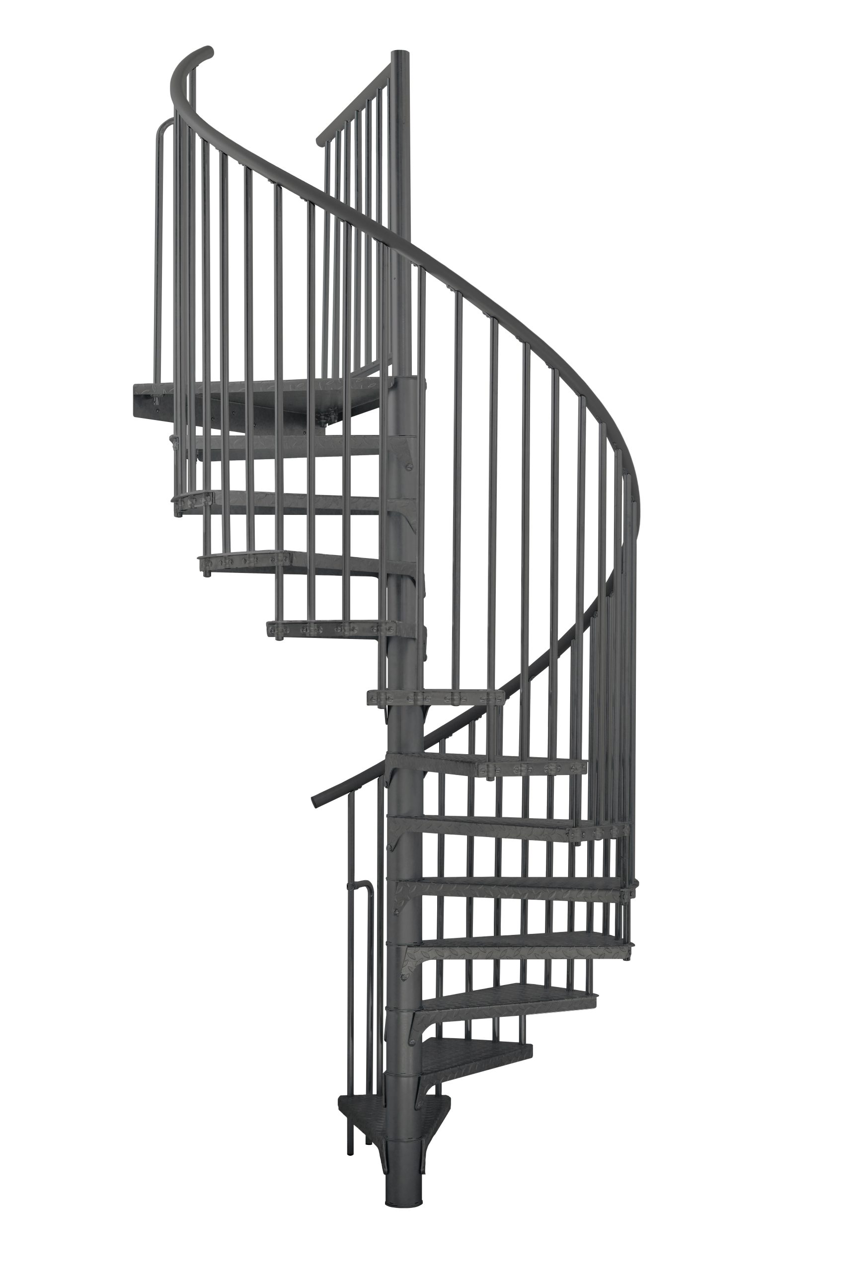 Cutout of the outdoor spiral staircase Rondo Zink Color in anthracite. The spiral staircase is made of galvanized steel with diamond plate steps and vertical bar railing. The round handrail follows the curve of the staircase upwards.