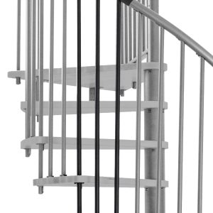 Height extension for the Spiral Effect staircase with steps in beech stained to walnut and black metal. A detail of the additional step, the balusters and the handrail is shown.