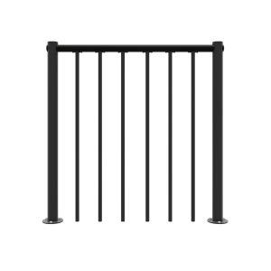 Black metal balustrade with two vertical corner posts, a horizontal top bar, and six evenly spaced vertical rods in the middle.