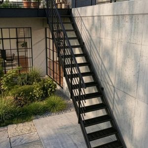 A black metal external staircase against a modern house façade, featuring a terrace, large windows and a planted courtyard.