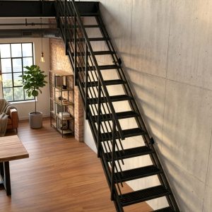 A black metal staircase with a banister against a concrete wall in a modern loft with wooden flooring and a large window front.