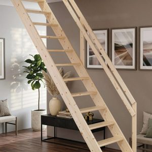 Boras loft ladder made from solid spruce wood, featuring a straight space-saving design with integrated handrail, providing safe and practical access to an attic in a bright, modern living room.