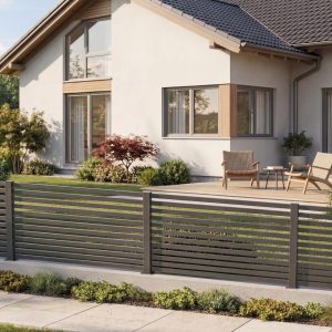 Modern Portico garden fence in anthracite with horizontal aluminum slats, 120 cm high, providing a sleek and durable boundary for a contemporary home while maintaining an open, elegant appearance.
