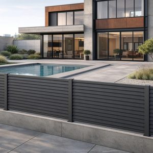 Modern Strata privacy fence in anthracite with horizontal slats and aluminum posts, providing a stylish garden fence and privacy screen around a contemporary home with a swimming pool and landscaped outdoor living area.