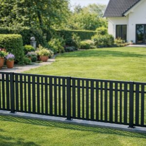 Modern Vertex Mix garden fence in anthracite aluminum with alternating vertical slats, installed around a landscaped residential garden in front of a detached home. The open design creates a stylish property boundary while maintaining a light and welcoming appearance.
