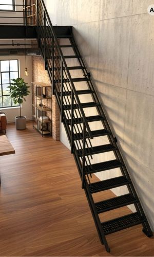 A black metal staircase with a banister against a concrete wall in a modern loft with wooden flooring and a large window front.