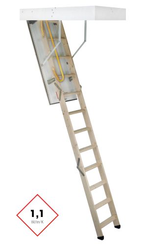Tradition attic ladder with straight wooden steps, white insulated hatch cover, and surrounding casing. Equipped with a yellow safety handle and a thermal insulation value of 1.1 W/m²K.