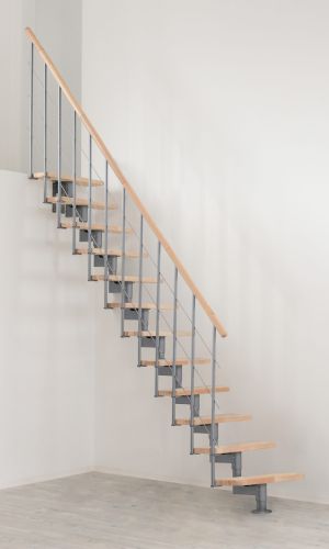 Central stringer staircase Style with beech steps and a gray metal railing with understraps and a PVC handrail.
