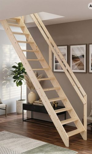 Boras loft ladder made from solid spruce wood, featuring a straight space-saving design with integrated handrail, providing safe and practical access to an attic in a bright, modern living room.