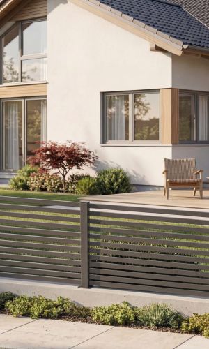 Modern Portico garden fence in anthracite with horizontal aluminum slats, 120 cm high, providing a sleek and durable boundary for a contemporary home while maintaining an open, elegant appearance.