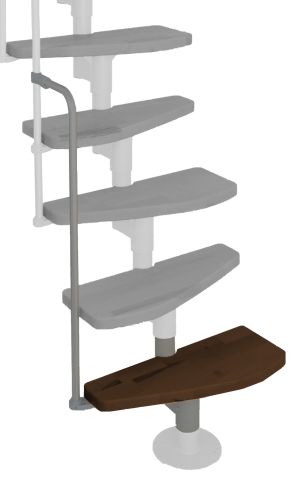 Height extension for the Monaco staircase with walnut-steps and grey metal. Shown is a detail of the additional step, the railing bars, and the handrail.